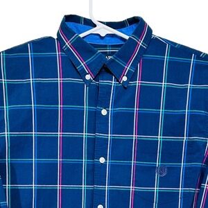 Chaps Mens XL Navy Blue Pink Green Plaid Stretch Easy Care Button Down Shirt